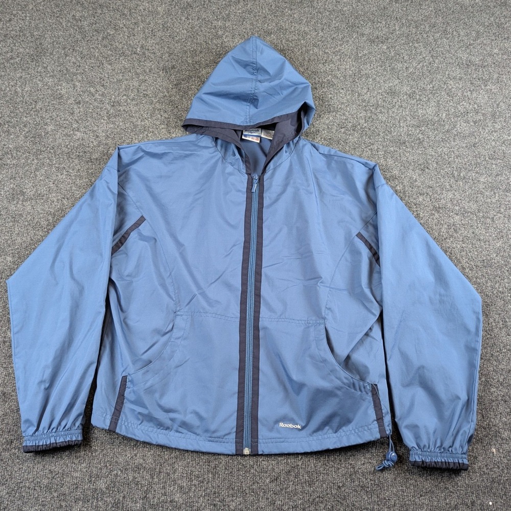 Reebok Mens Blue Full Zip Hooded Windbreaker Jacket Large L Polyester Vintage